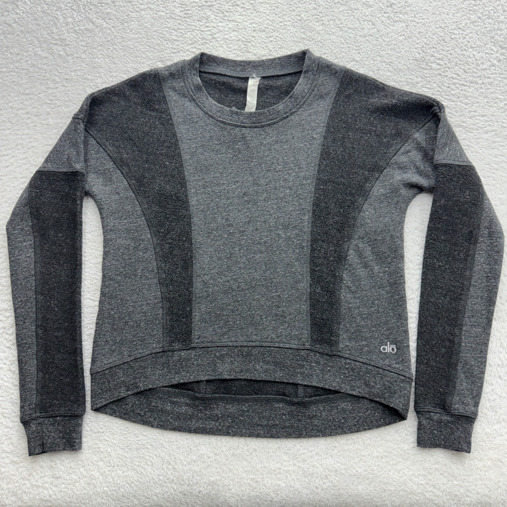 Alo Yoga Women Gray Heather Colorblock Fleece Lined Crewneck Sweatshirt Small